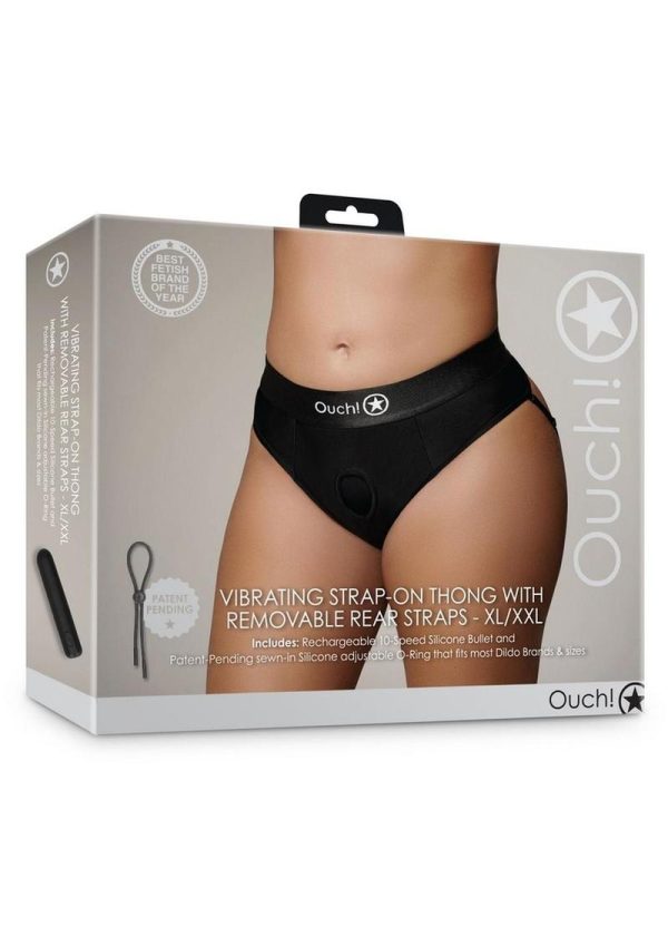 Ouch! Vibrating Strap-On Thong with Removable Butt Straps Rechargeable - XL/2XL - Black