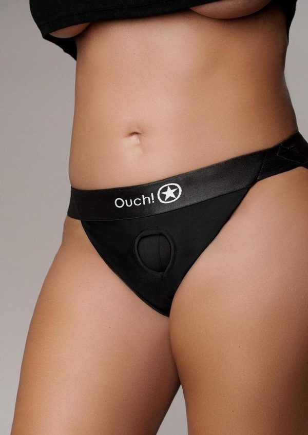 Ouch! Vibrating Strap-On Panty Harness with Open Back Rechargeable - XL/2XL - Black