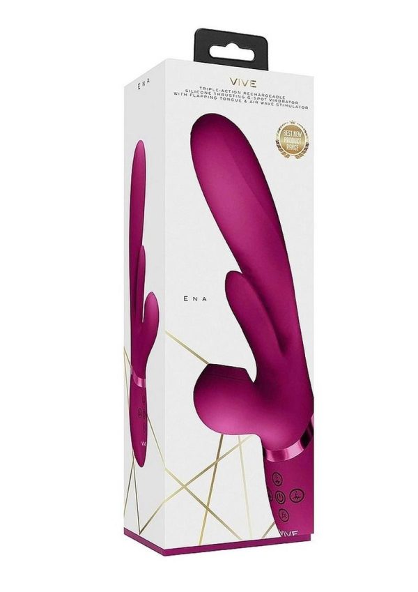 Vive ENA Rechargeable Silicone Triple Motor Thrusting G-Spot with Flapper and Air Wave Clit Stimulation Vibrator - Pink