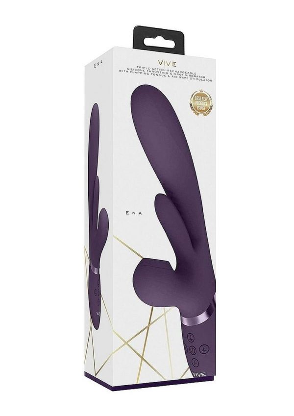 Vive ENA Rechargeable Silicone Triple Motor Thrusting G-Spot with Flapper and Air Wave Clit Stimulation Vibrator - Purple