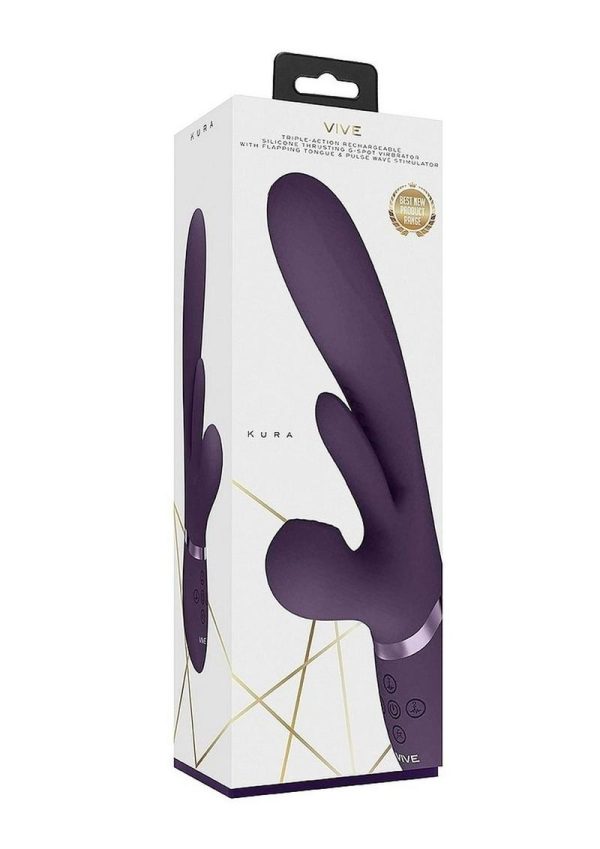 Vive KURA Rechargeable Silicone Triple Motor Thrusting G-Spot with Flapper and Air Wave Clit Stimulation Vibrator - Purple