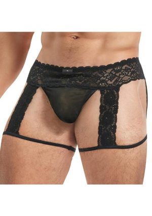 Lace King Men`s Lace and Mesh Garter Panty - Small/Medium - Black